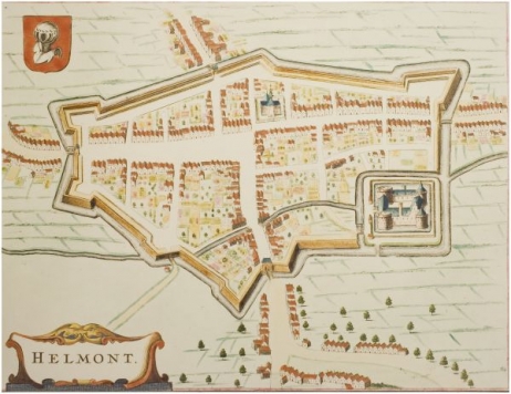 Helmond. Prent van W. en J. Blaeu uit "Toneel der steden van de Vereenigde Nederlanden (en) 's konings Nederlanden (Amsterdam 1649)