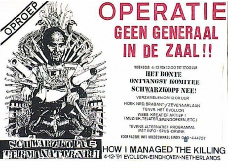 De Eindhovense vredesbeweging protesteerde fel tegen de komst van ‘overwinnaar’ generaal Norman Schwarzkopf, in december 1991 naar een symposium over internationaal management in het Evoluon.